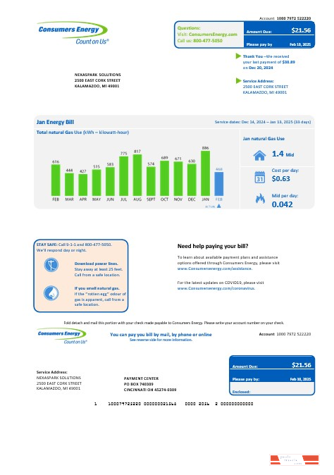 USA Michigan Consumers Energy business utility bill template in Word and PDF formats